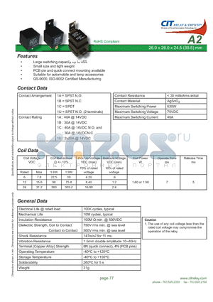 A2F1USP12VDC1.6DR datasheet - CIT SWITCH