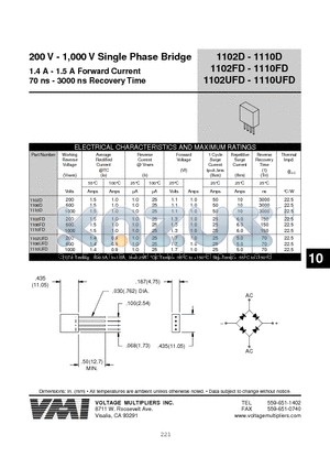 1102UFD datasheet - 200 V - 1,000 V Single Phase Bridge 1.4 A - 1.5 A Forward Current 70 ns - 3000 ns Recovery Time