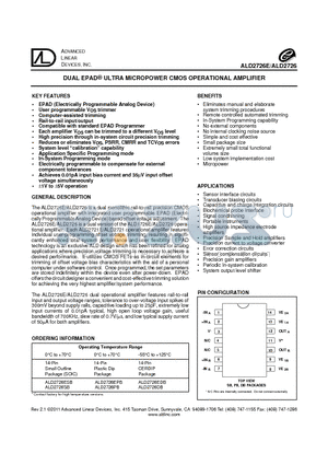 ALD2726DB datasheet - DUAL EPAD^ ULTRA MICROPOWER CMOS OPERATIONAL AMPLIFIER