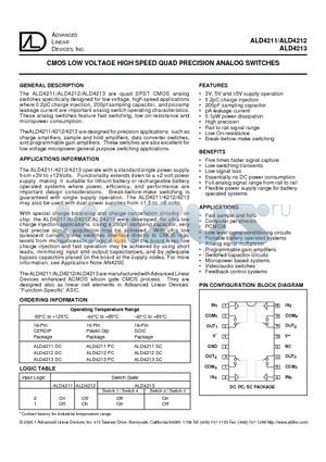 ALD4211DC datasheet - CMOS LOW VOLTAGE HIGH SPEED QUAD PRECISION ANALOG SWITCHES