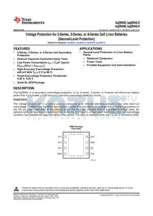 BQ29440DRBT datasheet - Voltage Protection for 2-Series, 3-Series, or 4-Series Cell Li-Ion Batteries (Second-Level Protection)