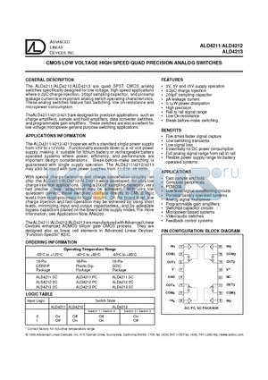 ALD4211SC datasheet - CMOS LOW VOLTAGE HIGH SPEED QUAD PRECISION ANALOG SWITCHES