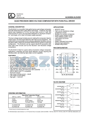 ALD4302 datasheet - QUAD PRECISION CMOS VOLTAGE COMPARATOR WITH PUSH-PULL DRIVER