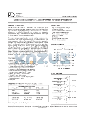 ALD4301ASBL datasheet - QUAD PRECISION CMOS VOLTAGE COMPARATOR WITH OPEN DRAIN DRIVER