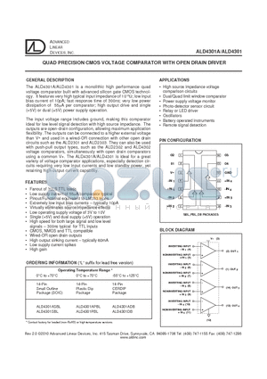 ALD4301DB datasheet - QUAD PRECISION CMOS VOLTAGE COMPARATOR WITH OPEN DRAIN DRIVER