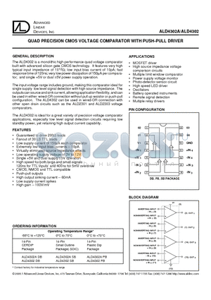 ALD4302ASB datasheet - QUAD PRECISION CMOS VOLTAGE COMPARATOR WITH PUSH-PULL DRIVER