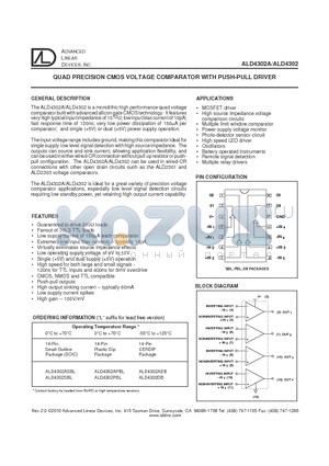 ALD4302ADB datasheet - QUAD PRECISION CMOS VOLTAGE COMPARATOR WITH PUSH-PULL DRIVER