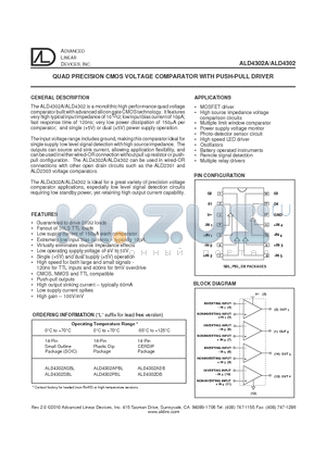 ALD4302DB datasheet - QUAD PRECISION CMOS VOLTAGE COMPARATOR WITH PUSH-PULL DRIVER