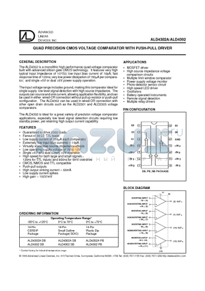 ALD4302PB datasheet - QUAD PRECISION CMOS VOLTAGE COMPARATOR WITH PUSH-PULL DRIVER