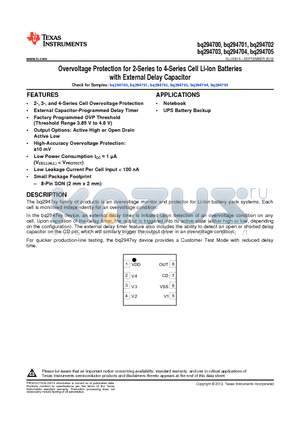 BQ294703 datasheet - Overvoltage Protection for 2-Series to 4-Series Cell Li-Ion Batteries with External Delay Capacitor