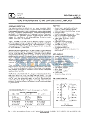 ALD4701APBL datasheet - QUAD MICROPOWER RAIL-TO-RAIL CMOS OPERATIONAL AMPLIFIER