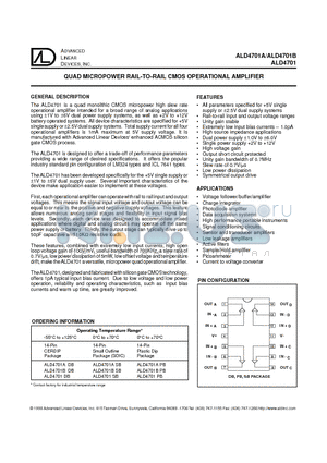 ALD4701PB datasheet - QUAD MICOPOWER RAIL TO RAIL CMOS OPERATIOANAL AMPLIFIER