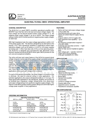 ALD4704A datasheet - QUAD RAIL-TO-RAIL CMOS OPERATIONAL AMPLIFIER