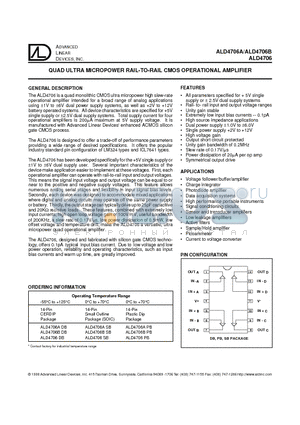 ALD4706A datasheet - QUAD ULTRA MICROPOWER RAIL-TO-RAIL CMOS OPERATIONAL AMPLIFIER