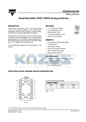 DG309DY-T1 datasheet - Quad Monolithic SPST CMOS Analog Switches