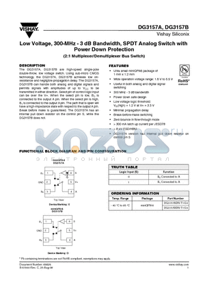 DG3157ADN-T1-E4 datasheet - Low Voltage, 300-MHz - 3 dB Bandwidth, SPDT Analog Switch with Power Down Protection (2:1 Multiplexer/Demultiplexer Bus Switch)