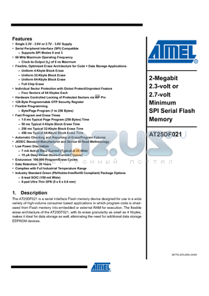 AT25DF021-MHF-T datasheet - 2-Megabit 2.3-volt or 2.7-volt Minimum SPI Serial Flash Memory