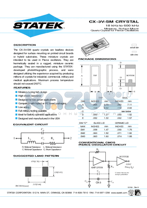CX-3V-SM1 datasheet - 18 kHz to 600 kHz Miniature Surface Mount Quartz Crystal for Pierce Oscillators