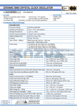 ALD750DHCA datasheet - CERAMIC SMD CRYSTAL CLOCK OSCILLATOR