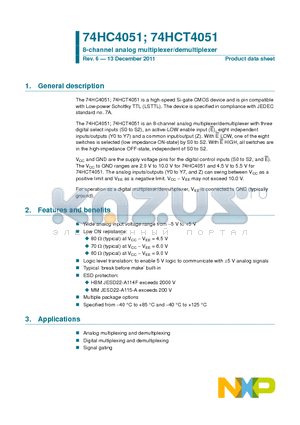 74HCT4051 datasheet - 8-channel analog multiplexer/demultiplexer