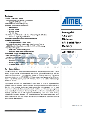 AT25DF081 datasheet - 8-megabit 1.65-volt Minimum SPI Serial Flash Memory