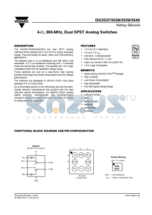 DG3539DB-T5-E1 datasheet - 4-Y, 360-MHz, Dual SPST Analog Switches
