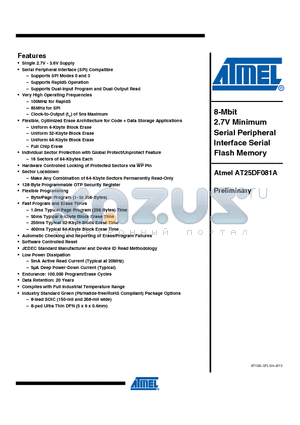 AT25DF081A-SH-T datasheet - 8-Mbit 2.7V Minimum Serial Peripheral Interface Serial Flash Memory