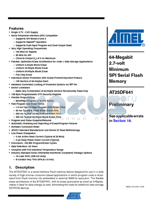 AT25DF641-MWH-T datasheet - 64-Megabit 2.7-volt Minimum SPI Serial Flash Memory