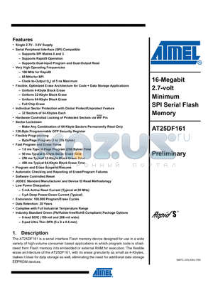 AT25DF161-MH-Y datasheet - 16-Megabit 2.7-volt Minimum SPI Serial Flash Memory