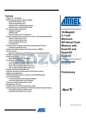 AT25DQ161-MH-T datasheet - 16-Megabit 2.7-volt Minimum SPI Serial Flash Memory with Dual-I/O and Quad-I/O Support