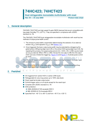 74HCT423 datasheet - Dual retriggerable monostable multivibrator with reset