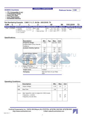 CAMC7LT-A7BR datasheet - HCMOS Oscillator TTL Compatible (3.3v) 2 Packaging Styles