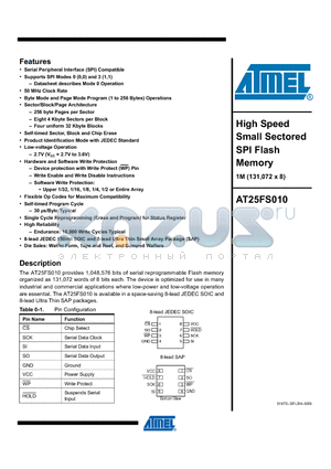 AT25FS010 datasheet - High Speed Small Sectored SPI Flash Memory
