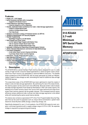 AT25F512B datasheet - 512-Kilobit 2.7-volt Minimum SPI Serial Flash Memory