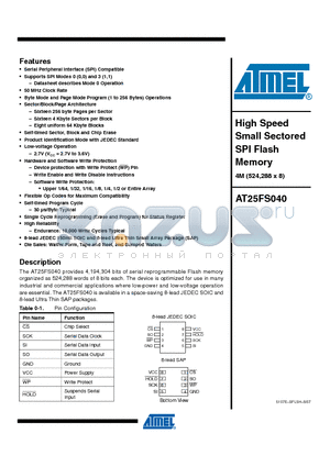 AT25FS040N-SH27-B datasheet - High Speed Small Sectored SPI Flash Memory 4M (524,288 x 8)