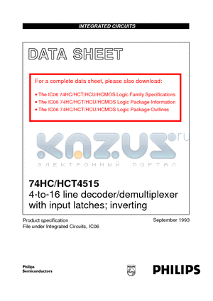 74HCT4515PW datasheet - 4-to-16 line decoder/demultiplexer with input latches; inverting