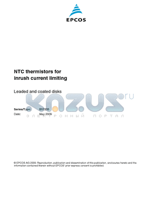 B57235S0100M000 datasheet - NTC thermistors for inrush current limiting