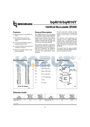 BQ4016YMC-70 datasheet - 1024Kx8 Nonvolatile SRAM
