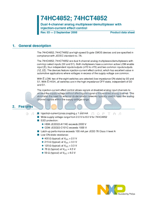 74HCT4852D datasheet - Dual 4-channel analog multiplexer/demultiplexer with injection-current effect control