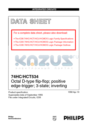74HCT534 datasheet - Octal D-type flip-flop; positive edge-trigger; 3-state; inverting