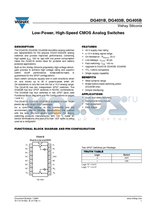 DG403BDY-T1 datasheet - Low-Power, High-Speed CMOS Analog Switches