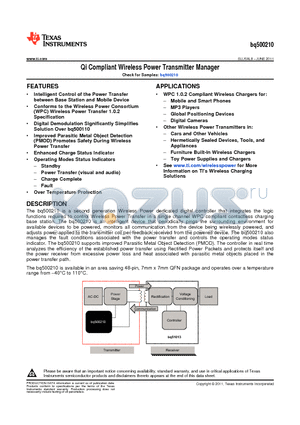 BQ500210RGZR datasheet - Qi Compliant Wireless Power Transmitter Manager