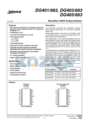 DG401AK/883 datasheet - Monolithic CMOS Analog Switches