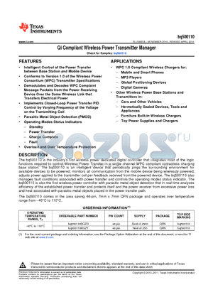 BQ500110 datasheet - Qi Compliant Wireless Power Transmitter Manager