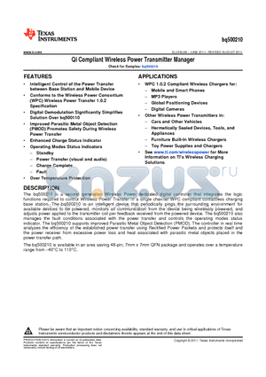 BQ500210RGZR datasheet - Qi Compliant Wireless Power Transmitter Manager