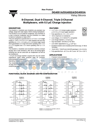 DG4052AEN-T1-E4 datasheet - 8-Channel, Dual 4-Channel, Triple 2-Channel Multiplexers, with 0.5 pC Charge Injection