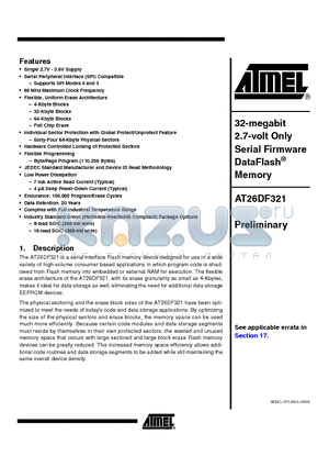 AT26DF321-SU datasheet - 32-megabit 2.7-volt Only Serial Firmware DataFlash Memory