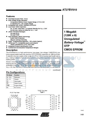 AT27BV010 datasheet - 1 Megabit 128K x 8 Unregulated Battery-Voltage OTP CMOS EPROM