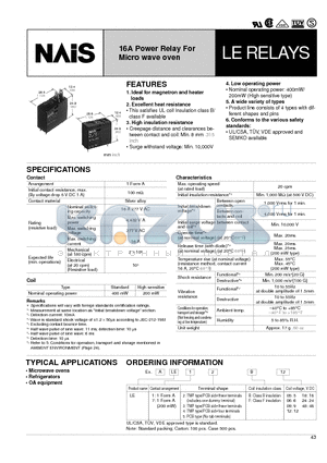 ALE12F09 datasheet - 16A Power Relay For Micro wave oven