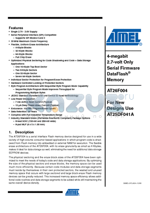 AT26F004-SSU datasheet - 4-megabit 2.7-volt Only Serial Firmware DataFlash Memory